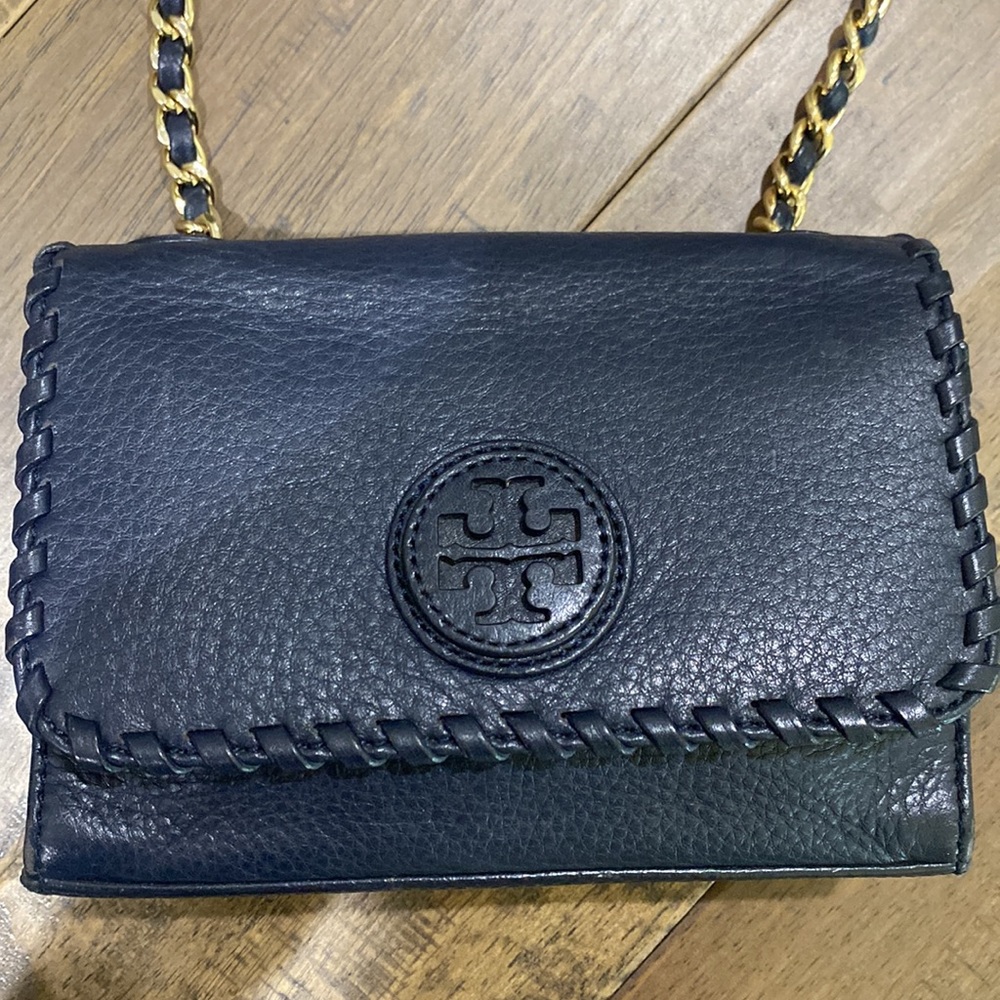 Tory Burch Marion Crossbody Shoulder Bag Navy Blue Leather Metal Chain Strap